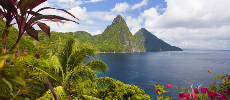 ca. 2008, Soufriere, St. Lucia --- Petit and Gros Pitons across Soufriere Bay --- Image by © Danielle Devaux/Grand Tour/Corbis